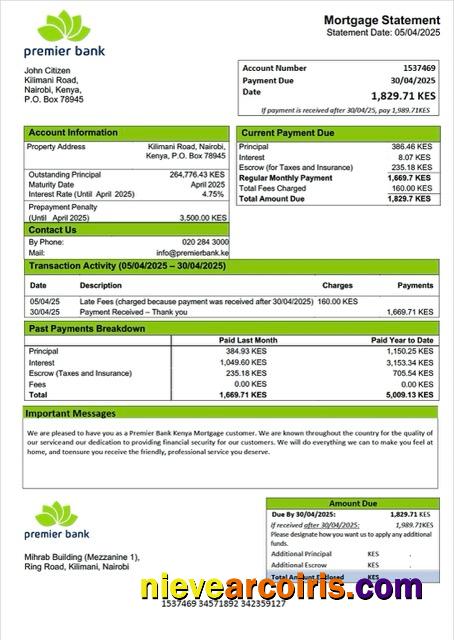 Kenya Premier Bank Kenya mortgage statement Word and PDF template